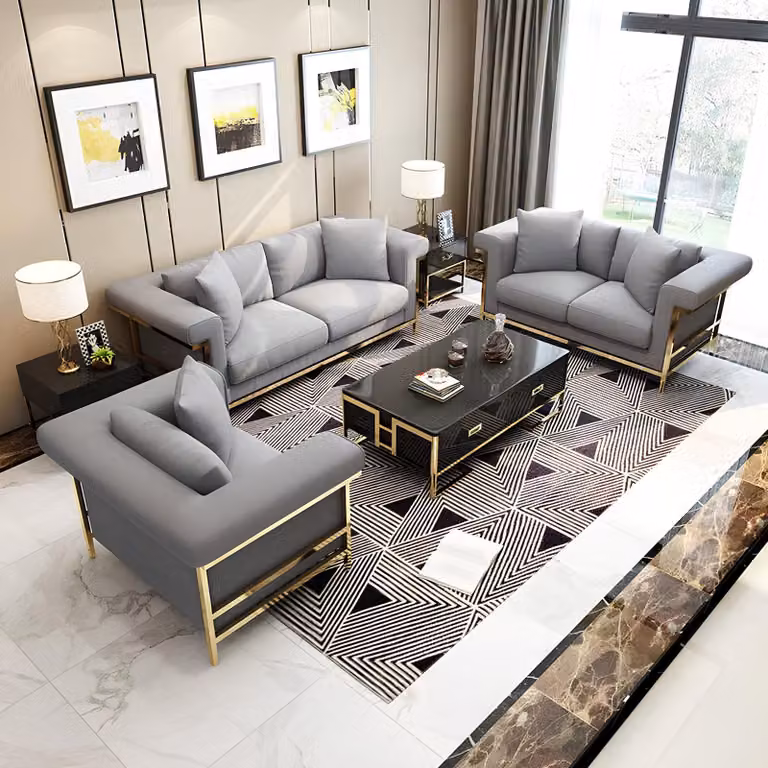 Sofa Polster Sitz Couch Garnitur Wohnzimmer Sofas Set 3tlg Hocker 3+1+1 Stoff
