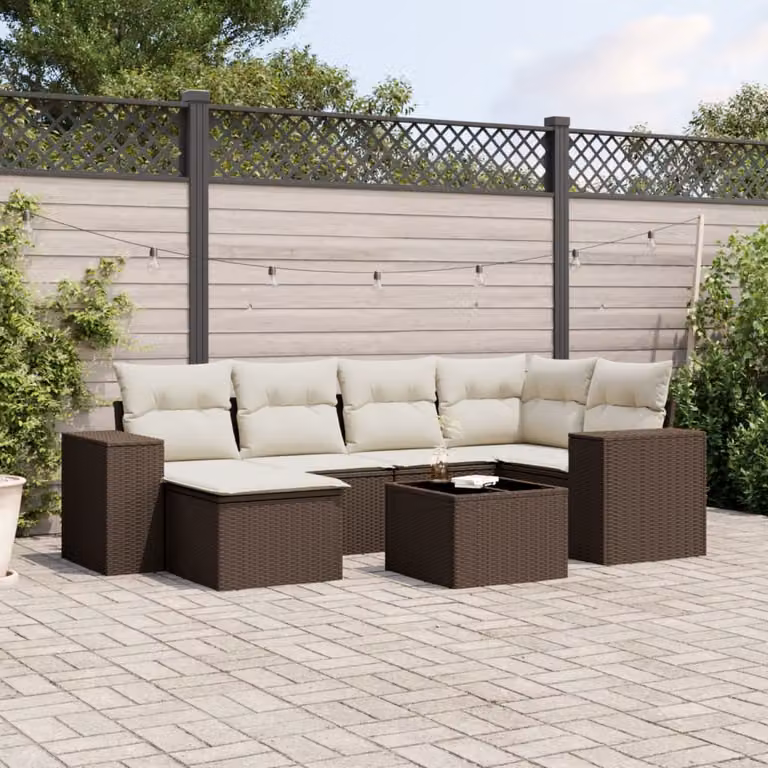 Set di divani da giardino vidaXL 7 pz in polyrattan marrone con cuscini e tavolino da esterno a forma di L