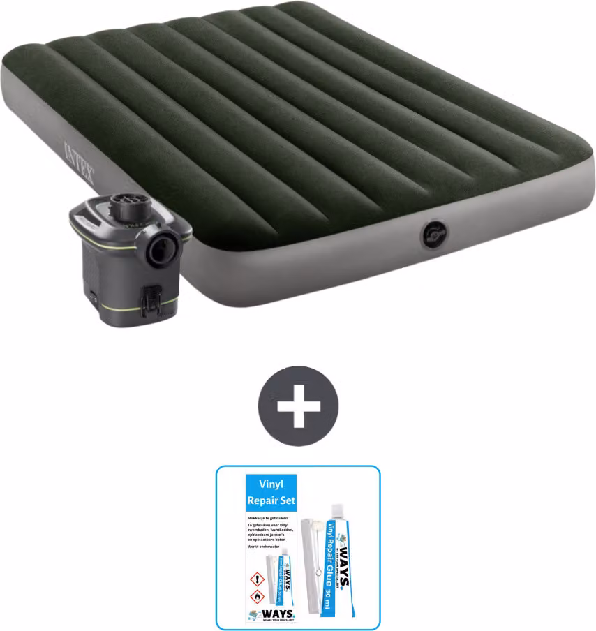 Intex Airbed - Letto matrimoniale - 137 x 191 x 25 cm - Verde - Pompa inclusa - Kit di riparazione