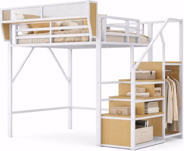 Letto a soppalco 140x200 cm in metallo con scala di sicurezza e ripiano; bianco