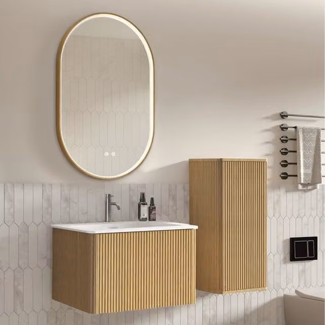 Set mobile bagno sospeso con lavabo, colonna laterale e specchio LED