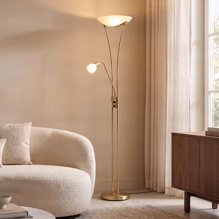 Lampada da terra con luce lettura Felicia Lindby, Ottone / Oro, Soggiorno / Sala da pranzo, Metallo, Moderno, Lampada da terra