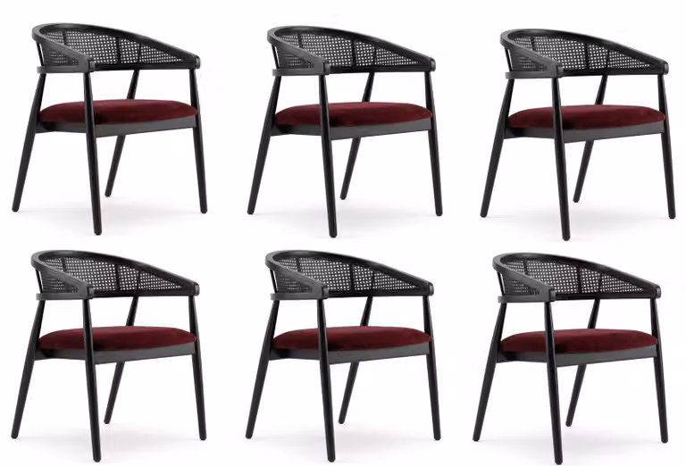 Set di sedie rosse, con struttura in acciaio inossidabile e rivestimento in tessuto, design moderno, ideali per la sala da pranzo