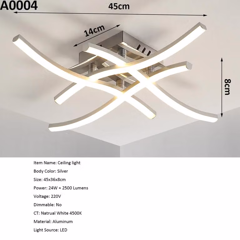 Lampada da soffitto moderna - Lampada da soffitto a LED - 4 sorgenti luminose - Design curvo - 6500 K (bianco freddo) - Non dimmerabile - Adatta per ambienti da 5 a 10 m² - Colore A0004