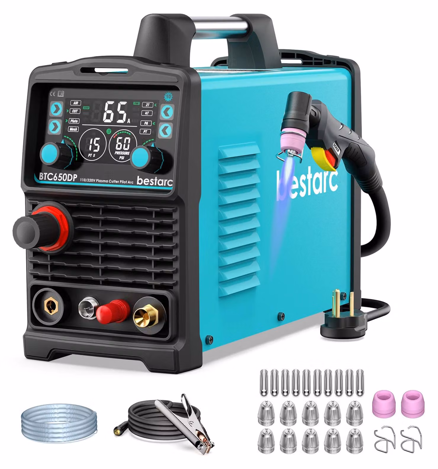 Tagliasaldatura al plasma con sistema pilota - BTC650DP - Inverter IGBT da 65A - Profondità di taglio massima: 1,9 cm - Funzione di post-bruciatura 2T/4T - Sensore di aria - 220V - Materiale di consumo incluso nel set