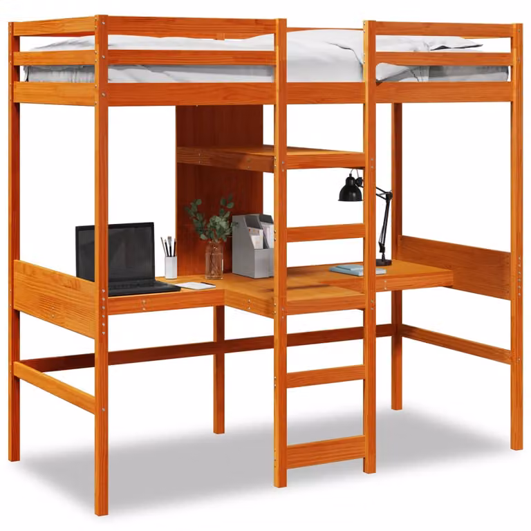 Letto a soppalco con scrivania e ripiani vidaXL in legno di pino marrone cera L/P: 200 x 90 cm