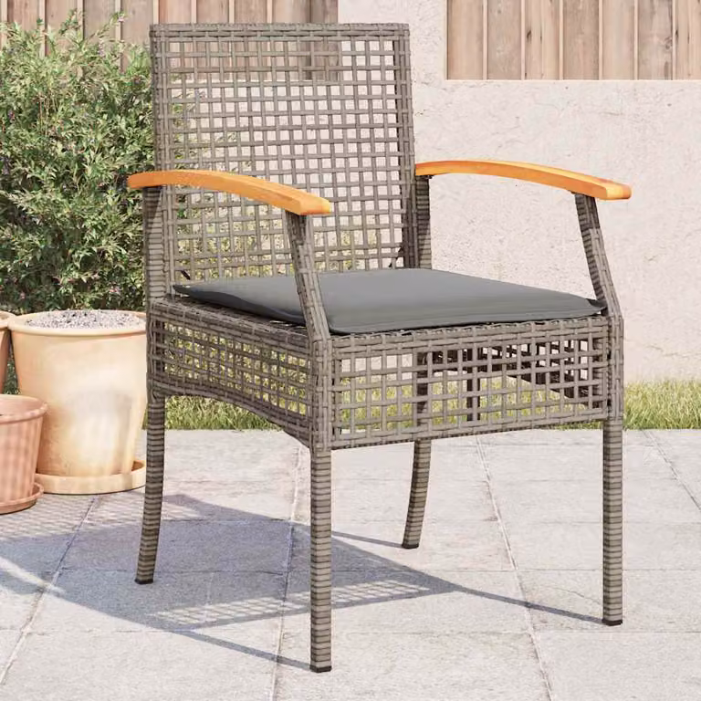 Set di 4 sedie da giardino vidaXL in polyrattan e legno di acacia con cuscini grigi e marroni