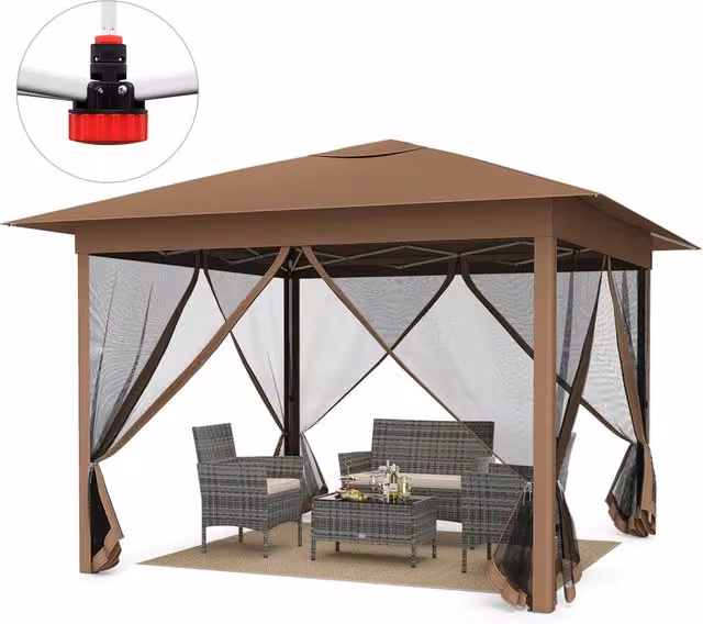 Gazebo pieghevole 3 x 3 m con telo in oxford e 4 lati in rete, Gazebo da giardino perfetto per campeggio e feste all¡¯aperto Marrone