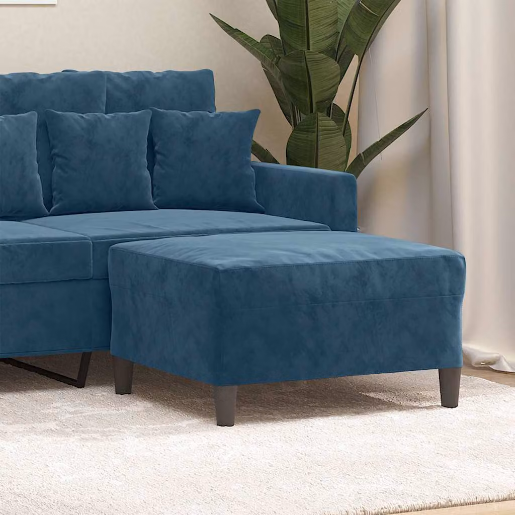 Poggiapiedi vidaXL in velluto blu con struttura in legno, L 70 cm x P 55 cm x H 41 cm