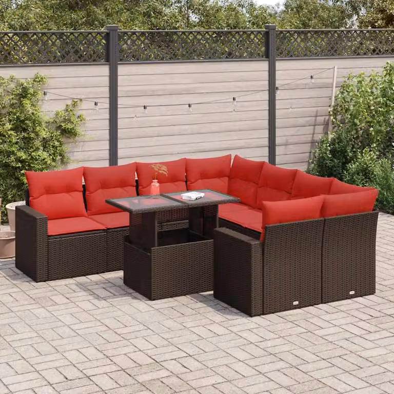 Set di divani da giardino vidaXL 9 pezzi in polyrattan marrone con cuscini e tavolino da esterno