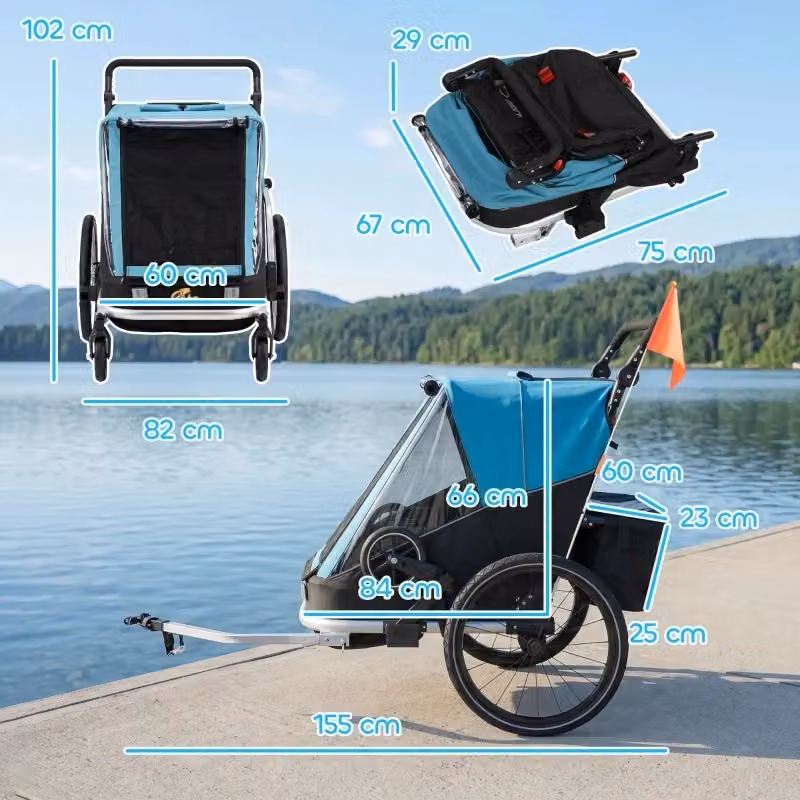Rimorchio bici per bambini WISHDOR 2 in 1 pieghevole con funzione passeggino, 2 posti, blu – 2