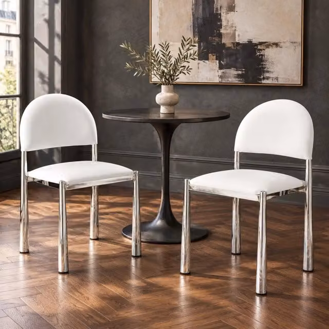 Sedia da pranzo bianca in PU con schienale semicircolare e gambe in metallo, 80 cm