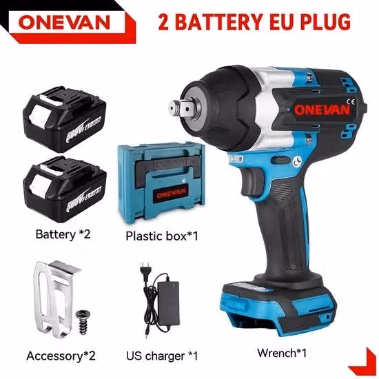 Set Completo di Avvitatore a Impatto ONEVAN con 2 Batterie, 1500W e Coppia 1800NM, Colore Blu/Nero