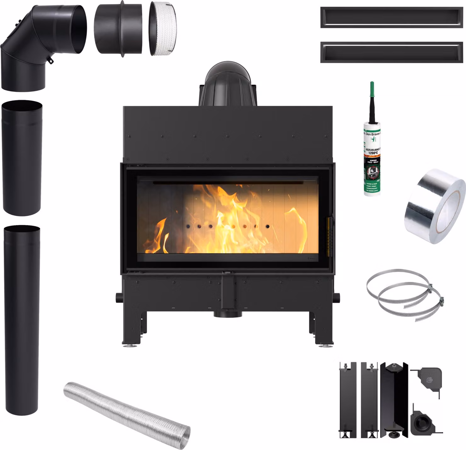 Inserto per caminetto KRATKI FLOKI 10kW Ø200 nero Set di tubi e ventilazione ECO