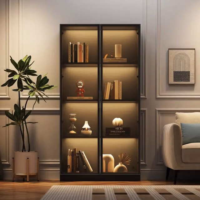 Libreria Vetrina con LED ¨C MINIMAL ¨C Legno, 2 Ante, Ripiani Regolabili, 80x40x160
