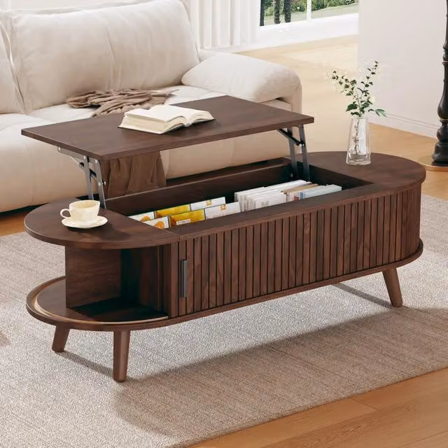 Tavolino da Salotto Alzabile 120x50x39,5 cm (fino a 53,5 cm), Nussbaum, con Spazio Contenitore Nascosto e 5 Ripiani
