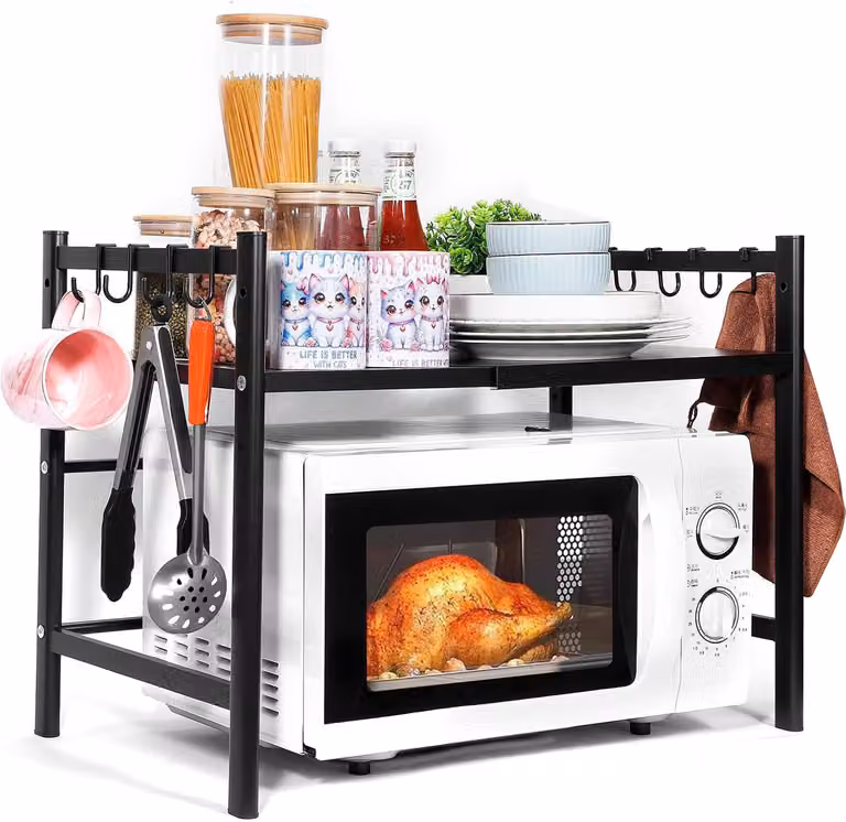 Ripiano regolabile per microonde, da 40 a 64 cm, con 2 livelli, Acciaio al carbonio, dotato di 8 ganci, ideale per la cucina