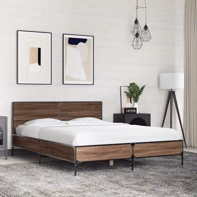 Letto Giroletto vidaXL in Legno e Metallo, Rovere Marrone, L/P: 140 x 190 cm – 1
