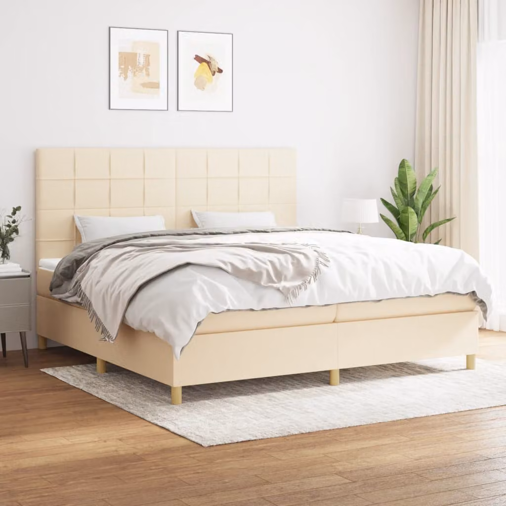Letto Ibrido vidaXL con Giroletto a Molle e Materasso a Tasche in Tessuto Beige e Bianco L: 200 cm, P: 200 cm, H: 128 cm