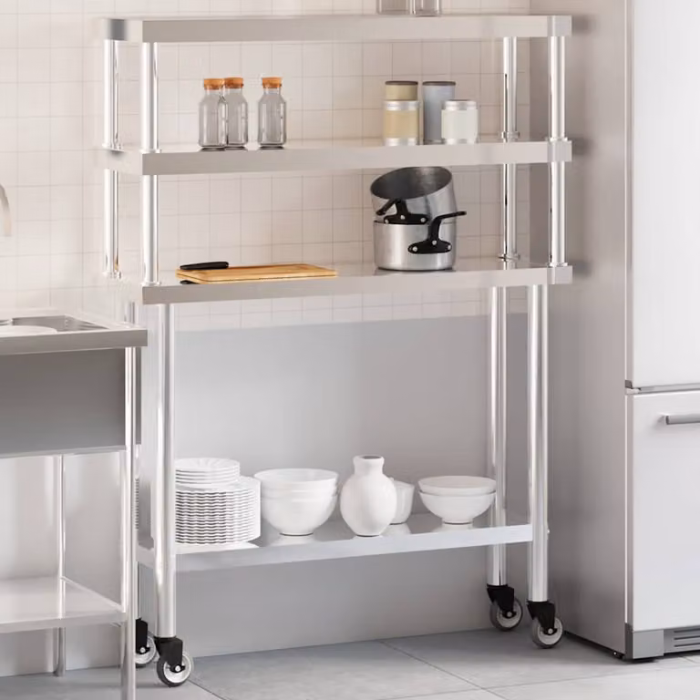 vidaXL Tavolo da lavoro per cucina in acciaio inox color argento L: 110 cm, P: 30 cm, H: 150 cm