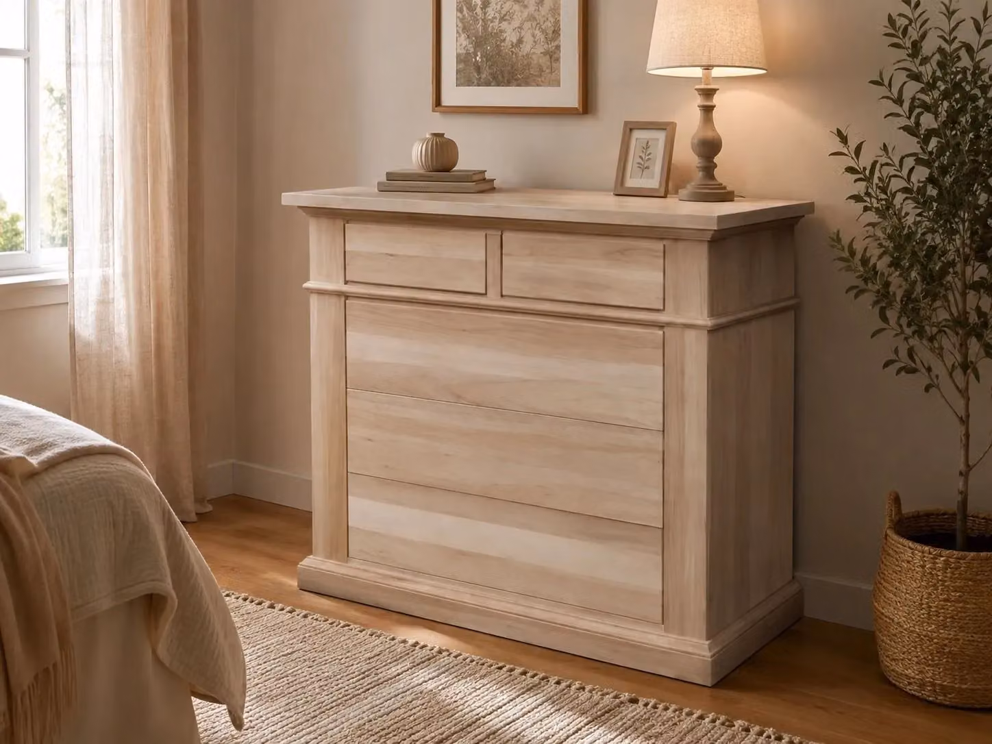 Cassettiera classica in legno grezzo con 5 cassetti Mobili 2G L: 128 cm, P: 54 cm, H: 100 cm – 3