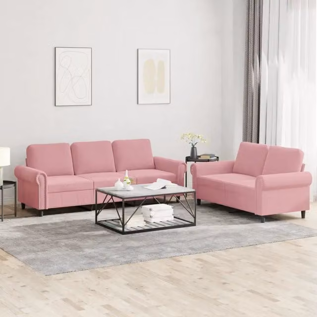 Set di 2 divani vidaXL in velluto rosa con cuscini per soggiorno in stile moderno