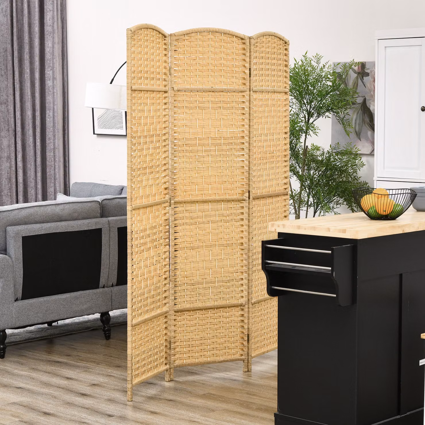 Paravento pieghevole a 3 ante HOMCOM in legno e rattan con effetto naturale, L: 135 cm, H: 180 cm, colore marrone e beige – 2