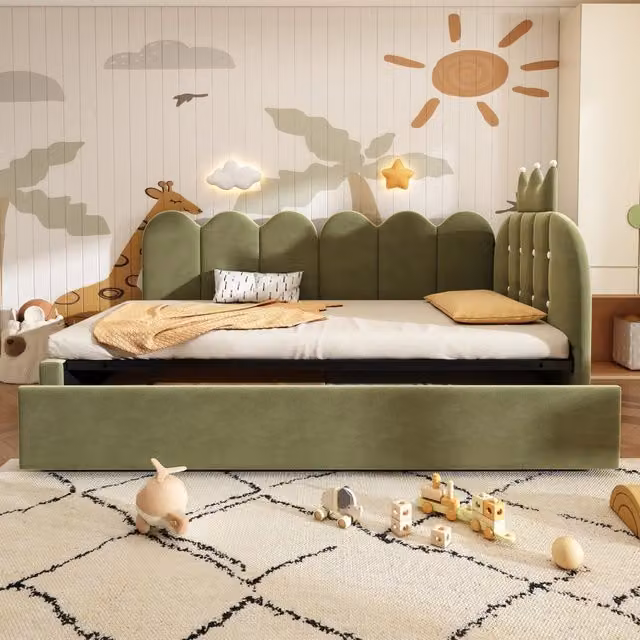 Letto divano singolo OKWISH in velluto verde con letto estraibile, L 90 cm x P 200 cm, senza materasso