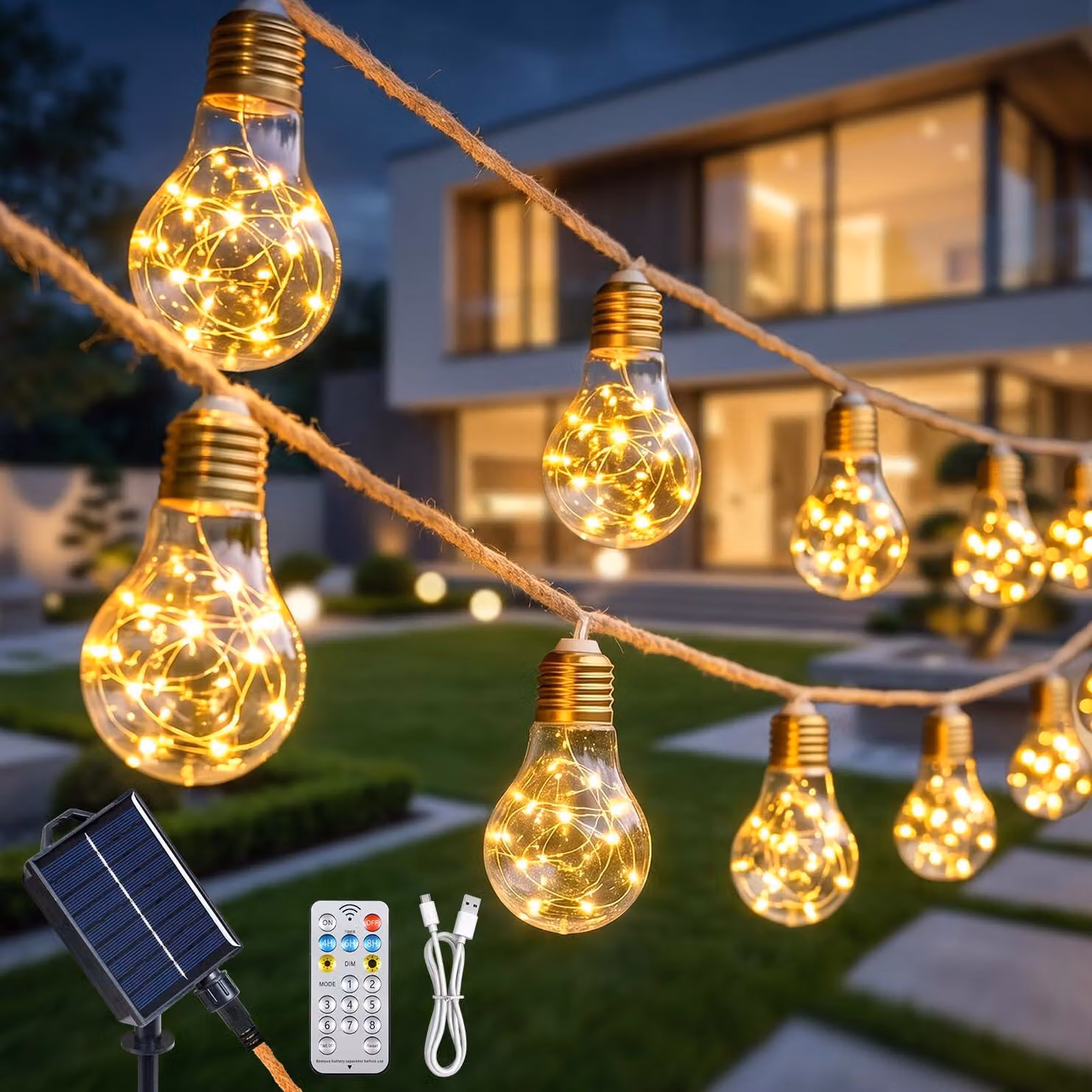 Catena luminosa solare, 8 metri, 16 lampadine in stile Edison, luce bianco caldo, grado di protezione IP65, 8 modalità