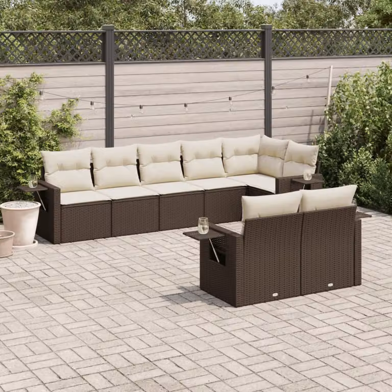 Set di divani da giardino vidaXL 8 pz in polyrattan marrone con cuscini e tavolino da esterno