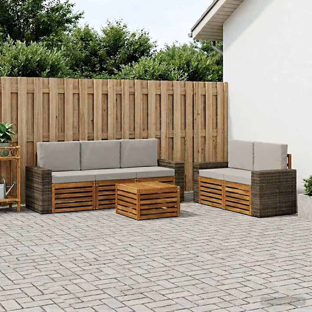 Set di divani da esterno vidaXL in legno di acacia con cuscini, composizione a L con tavolino, colori beige, grigio e marrone