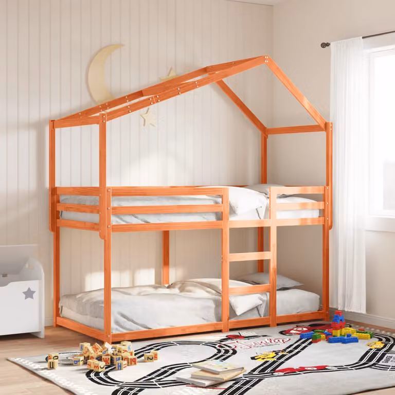 Letto a castello per bambini vidaXL in legno massello di pino con tetto a forma di casetta, finitura cerata, colore marrone, L/P/H: 200 x 90 x 195,5 cm