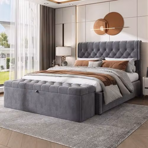 Letto imbottito 140 x 200 cm in velluto con leva idraulica, rete a doghe, contenitore e panchina contenitore - Grigio