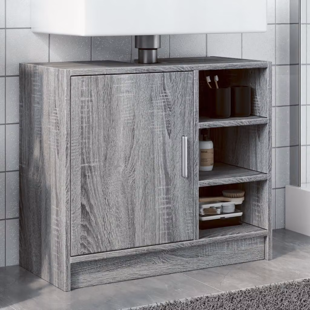Mobile Lavabo vidaXL Grigio Sonoma in Legno Multistrato con Ripiani e Ante, L 63 x P 29 x H 55 cm
