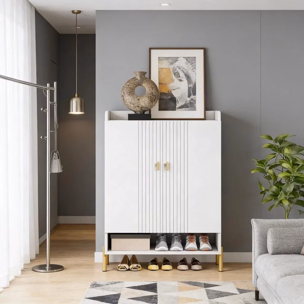 Scarpiera moderna con 2 ante e ripiani regolabili, piano d'appoggio per ingresso o camera da letto, bianco e oro, L/P/H: 75 x 36.5 x 110 cm – 2