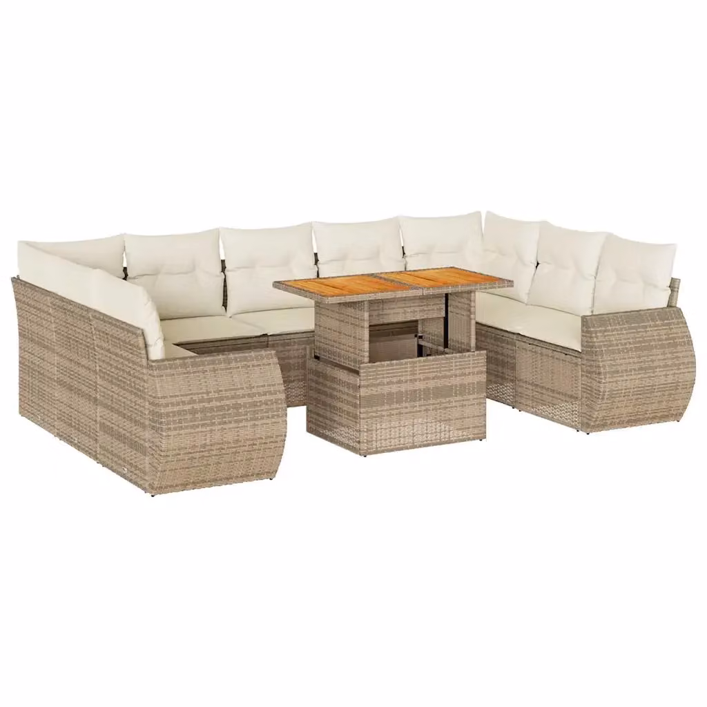 Set Divano da Giardino a Forma di U vidaXL con 10 Pezzi, Cuscini Beige e Tavolino da Caffè, Struttura in Polyrattan e Acciaio con Rivestimento in Legno di Acacia – 2