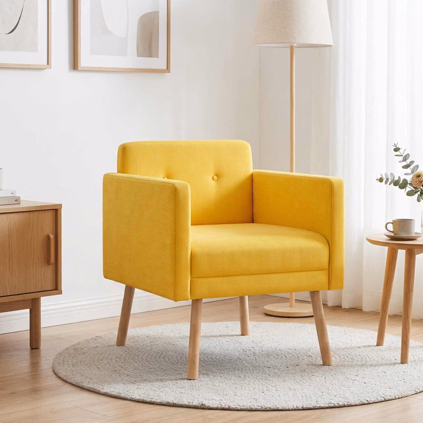 Sedia d'accento vidaXL in velluto a coste giallo con braccioli e struttura in legno