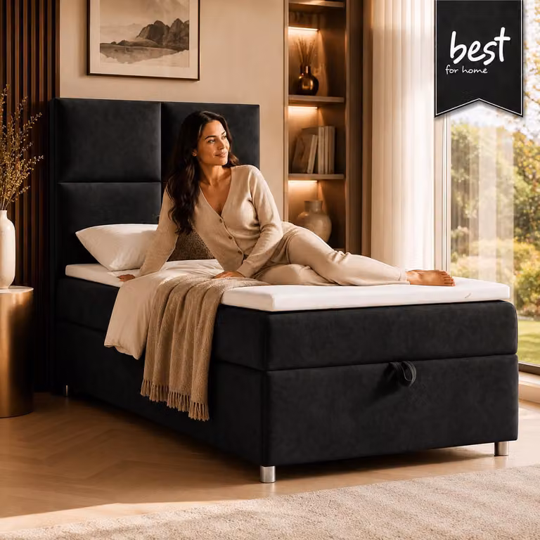 Best for Home Letto boxspring con contenitore Trinity K2-SINGLE 80x200 Materasso a molle Bonell incl. topper – Nero