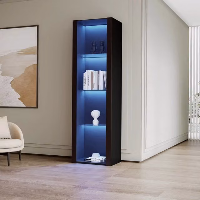 Vetrina con LED e 3 ripiani in vetro, pannelli frontali lucidi, per soggiorno, in truciolato, nero, 55 × 38 × 166 cm