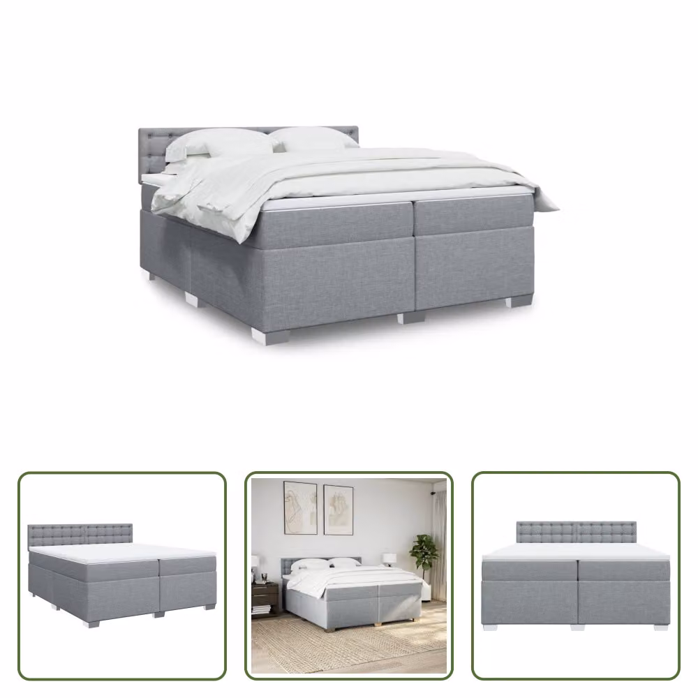 The Living Store Letto a molle con materasso grigio chiaro 200x200 cm in tessuto