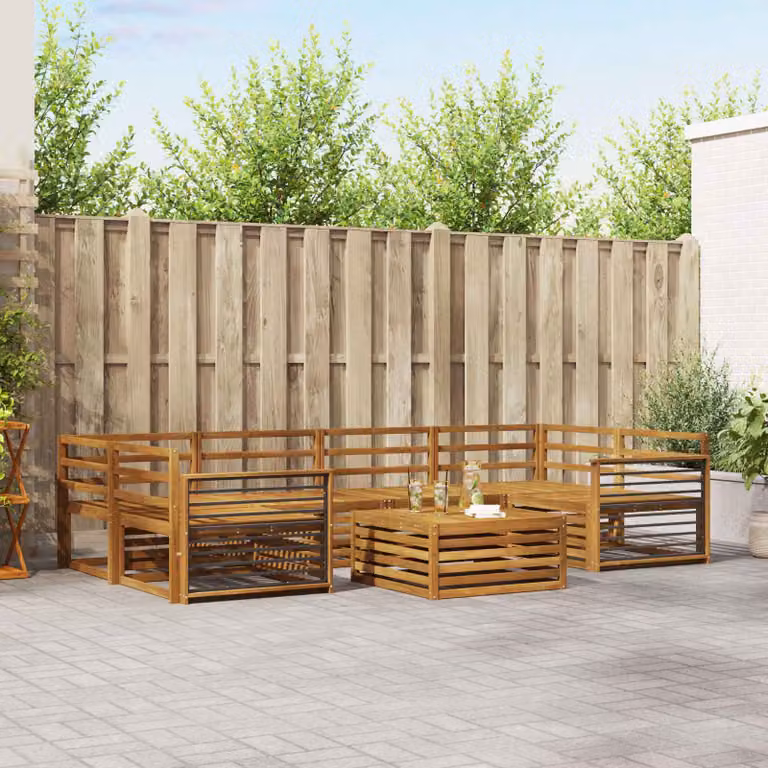 Set di divani da esterno vidaXL 7 pz in legno di acacia massello marrone con cuscini e tavolino da giardino a forma di L