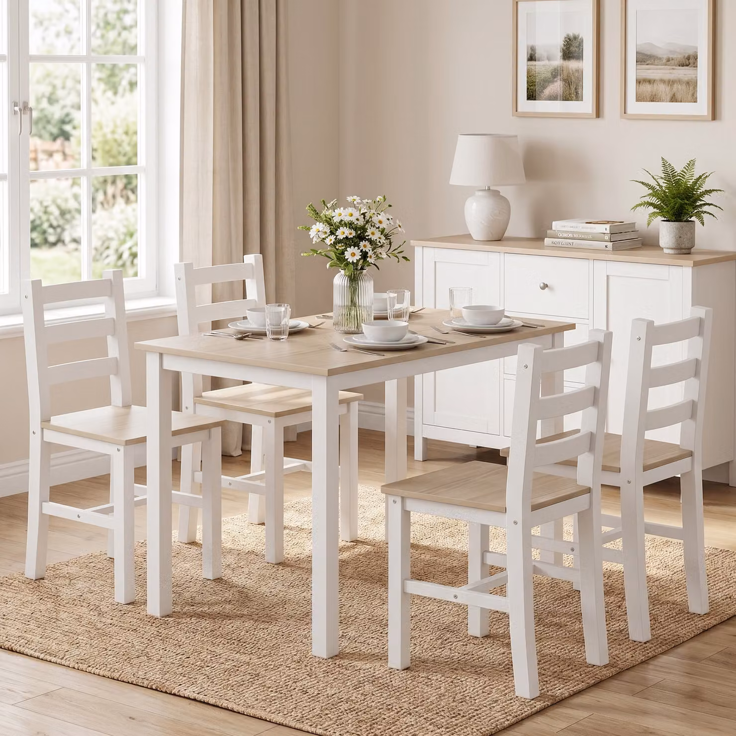 Set da pranzo HOMCOM in stile country composto da 5 pezzi per 4 persone, tavolo rettangolare e sedie in legno di pino, colore naturale e bianco – 2