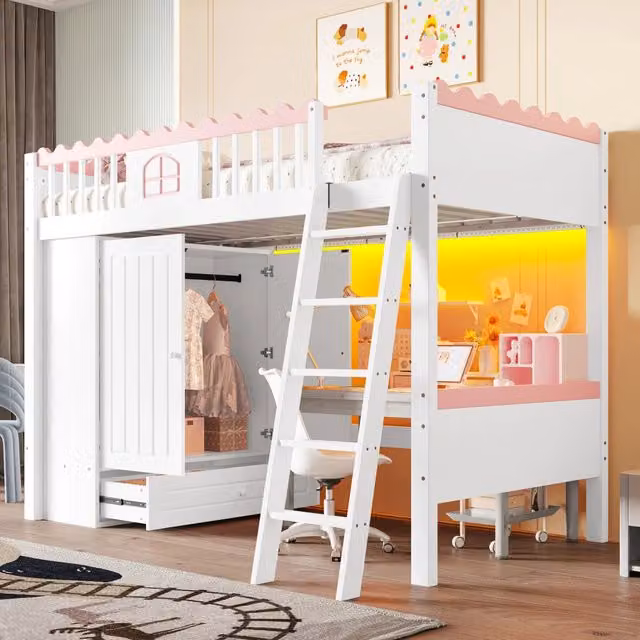 Letto a soppalco per bambini 90 x 200 cm con luci LED, armadio, cassetto portaoggetti, certificato EN 747, legno di pino - Bianco