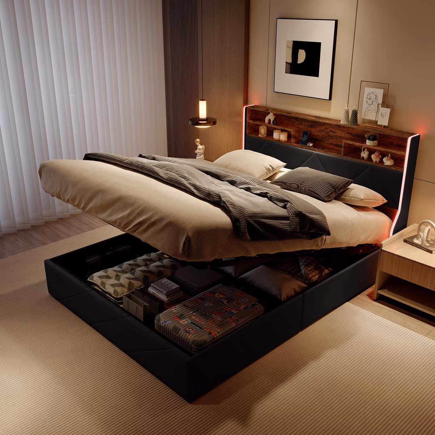 Letto a pressione a gas UnboxG 160x200cm nero, Finto cuoio, luce LED e connessione USB, contenitore testiera e rete - letto matrimoniale imbottito