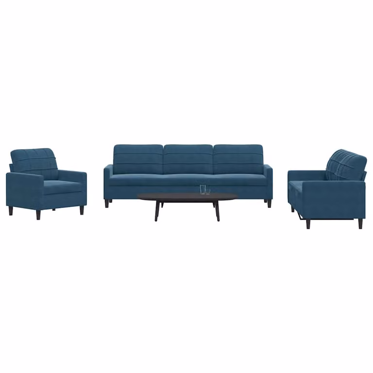 Set di divani moderno vidaXL in velluto blu composto da un divano a 3 posti, un divano a 2 posti, un pouf e cuscini coordinati con struttura in metallo