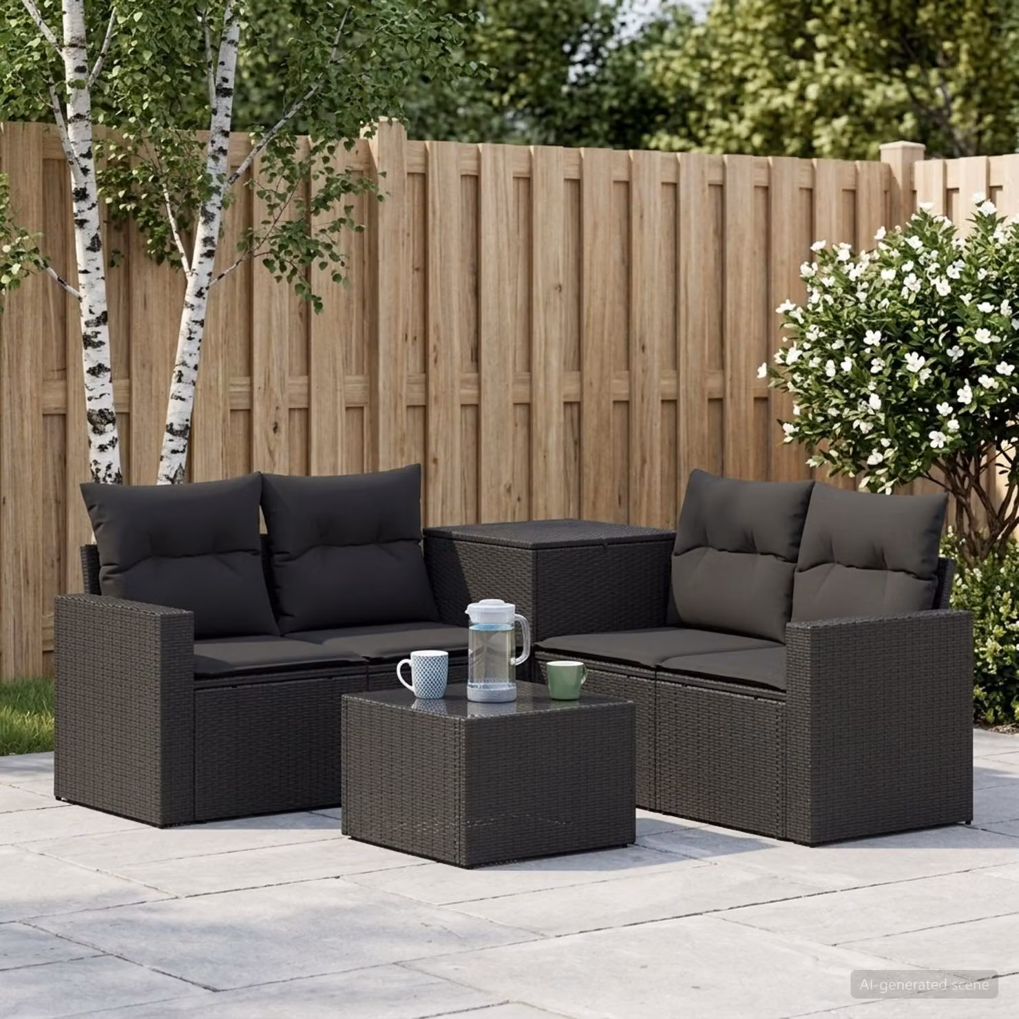 Set di divani da giardino vidaXL a forma di L composto da 6 pezzi in rattan sintetico e metallo nero con cuscini inclusi