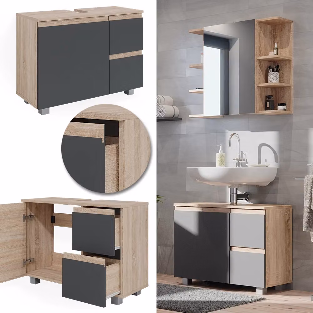 Mobile sottolavabo per bagno Vicco J-Shape Antracite con ante e cassetti L: 80 cm, P: 60.8 cm – 2