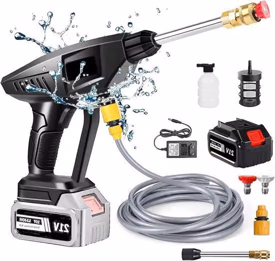 Idropulitrici elettriche - Idropulitrici a batteria - Pulizia dell'auto e del giardino - Aspira l'acqua ovunque - 60 bar, tubo da 5 m - Nero