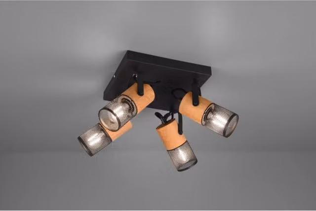 Plafoniera Tosh Trio Leuchten in metallo e legno nero con 4 faretti E14 orientabili, L 22 cm x P 22 cm – 1