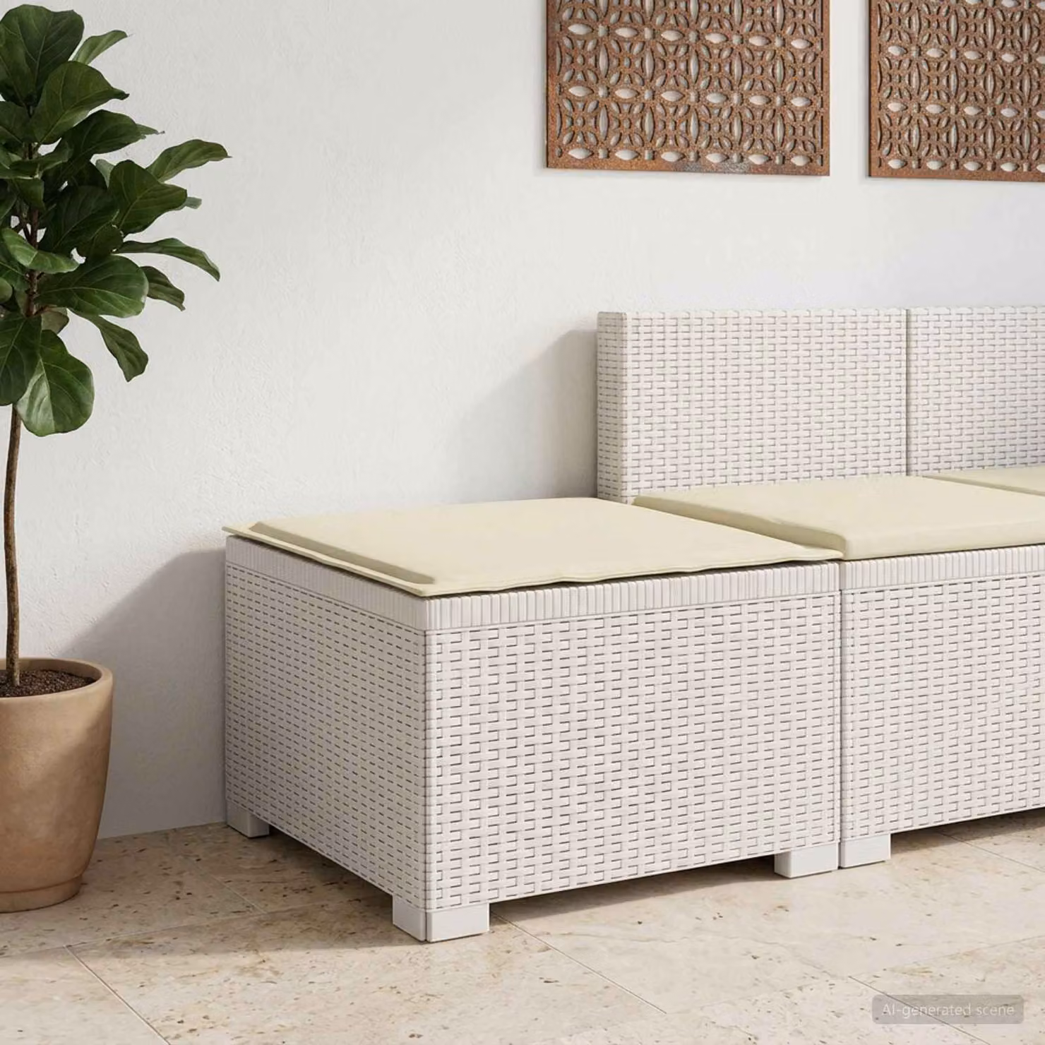 Divano da giardino singolo vidaXL con cuscino in aspetto rattan bianco e beige